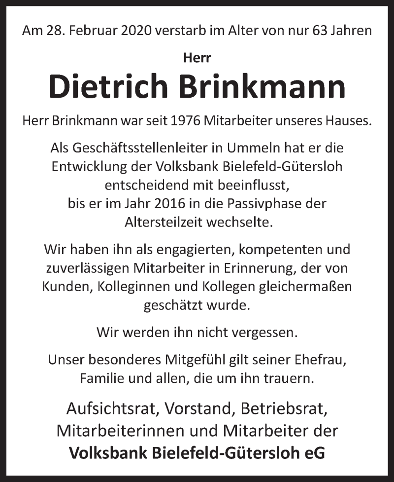  Traueranzeige für Dietrich Brinkmann vom 17.03.2020 aus 