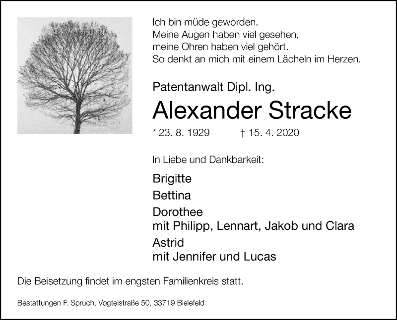  Traueranzeige für Alexander Stracke vom 18.04.2020 aus Westfalen-Blatt
