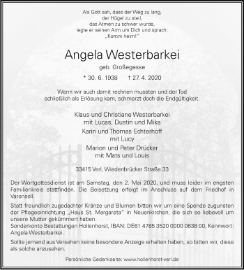 Traueranzeige von Angela Westerbarkei von Westfalen-Blatt