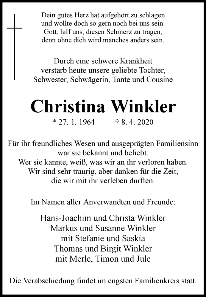 Traueranzeige für Christina Winkler vom 15.04.2020 aus Westfalen-Blatt