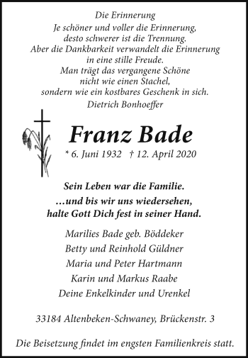 Traueranzeige von Franz Bade von Westfalen-Blatt