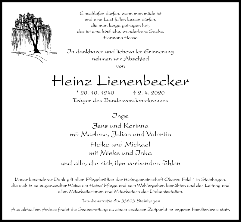 Traueranzeige für Heinz Lienenbecker vom 15.04.2020 aus Westfalen-Blatt
