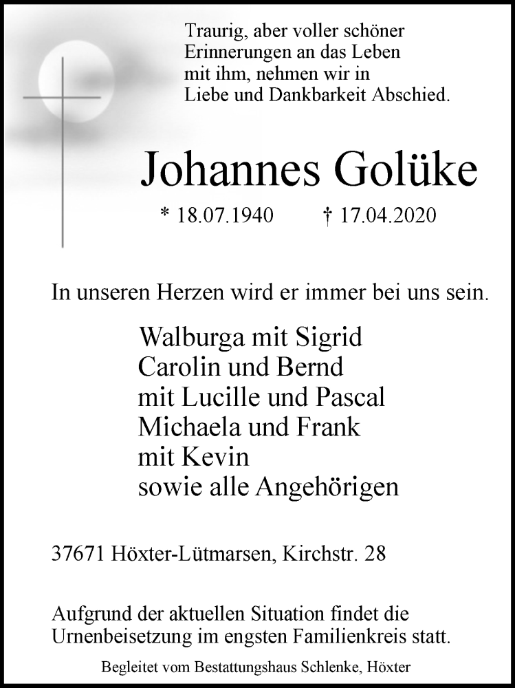  Traueranzeige für Johannes Golüke vom 25.04.2020 aus Westfalen-Blatt