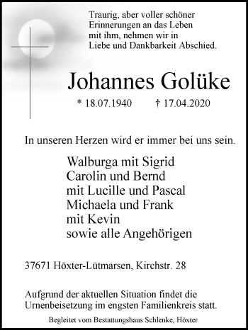 Traueranzeige von Johannes Golüke von Westfalen-Blatt