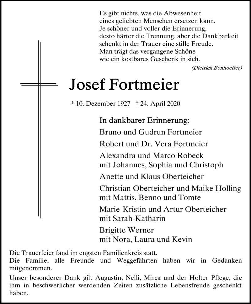  Traueranzeige für Josef Fortmeier vom 29.04.2020 aus Westfalen-Blatt