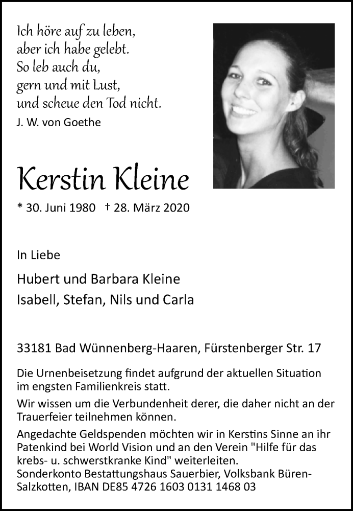  Traueranzeige für Kerstin Kleine vom 01.04.2020 aus Westfalen-Blatt