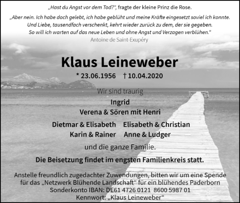 Traueranzeige für Klaus Leineweber vom 17.04.2020 aus Westfalen-Blatt
