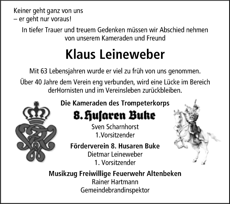  Traueranzeige für Klaus Leineweber vom 18.04.2020 aus Westfalen-Blatt