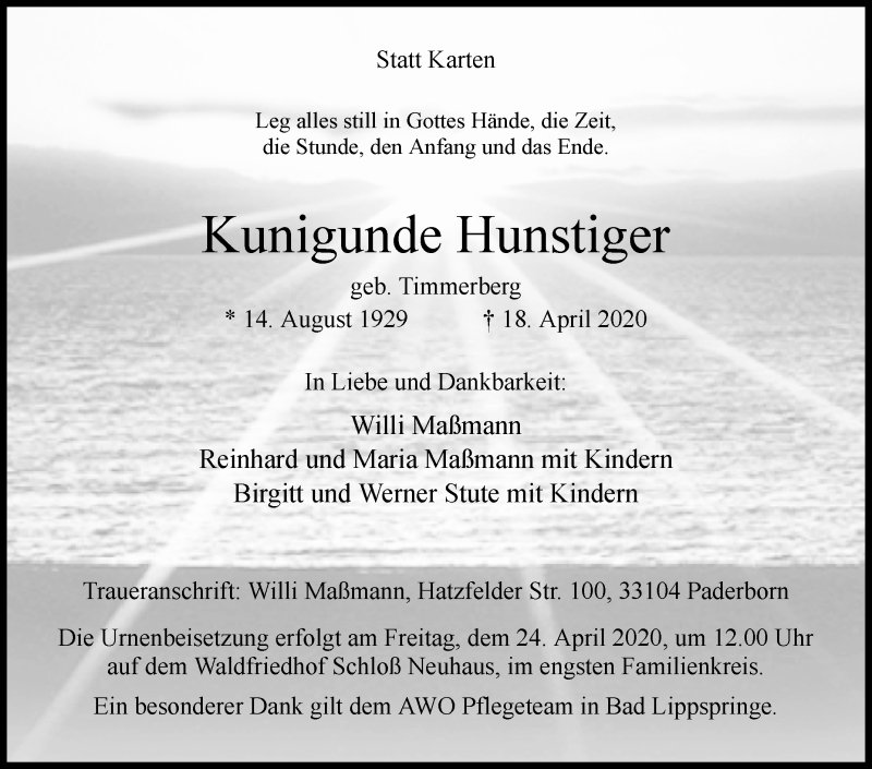  Traueranzeige für Kunigunde Hunstiger vom 22.04.2020 aus Westfalen-Blatt