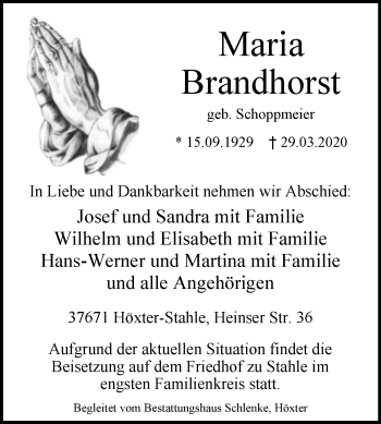 Traueranzeige von Maria Brandhorst von Westfalen-Blatt