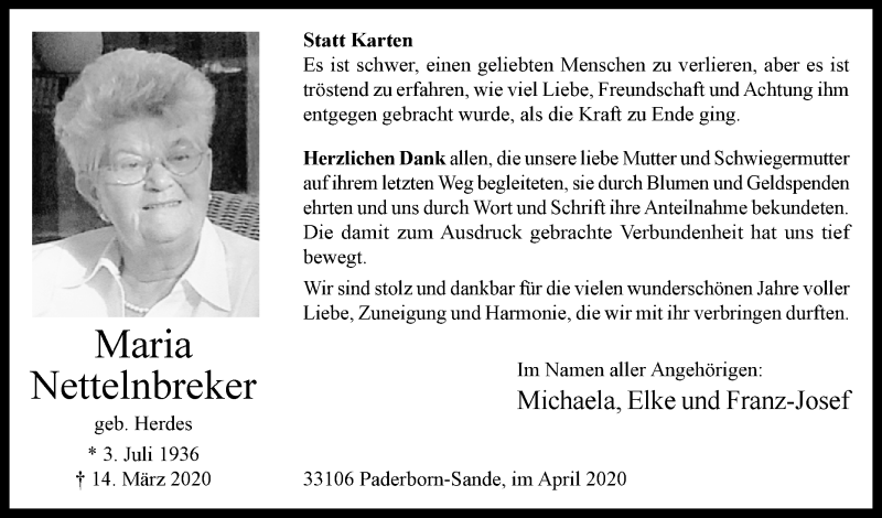  Traueranzeige für Maria Nettelnbreker vom 15.04.2020 aus Westfalen-Blatt