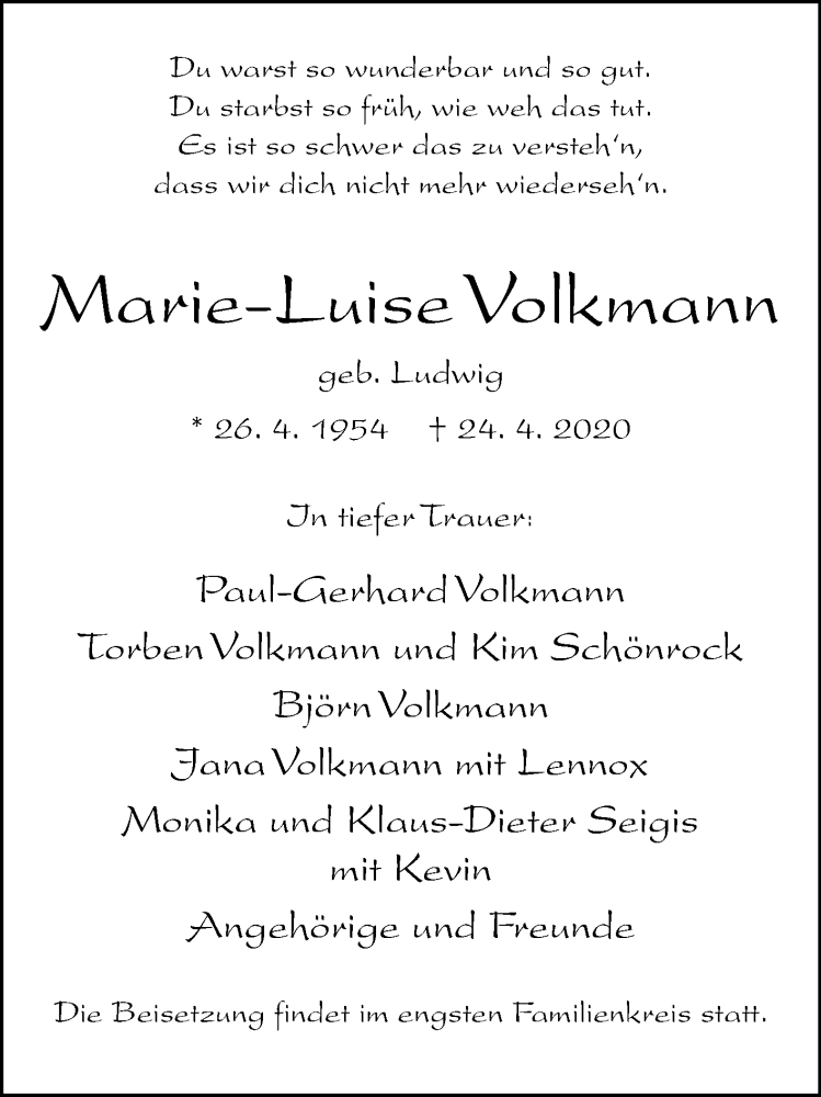  Traueranzeige für Marie-Luise Volkmann vom 28.04.2020 aus Westfalen-Blatt