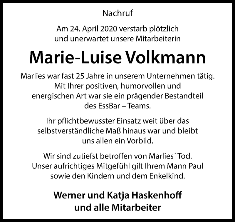  Traueranzeige für Marie-Luise Volkmann vom 29.04.2020 aus Westfalen-Blatt