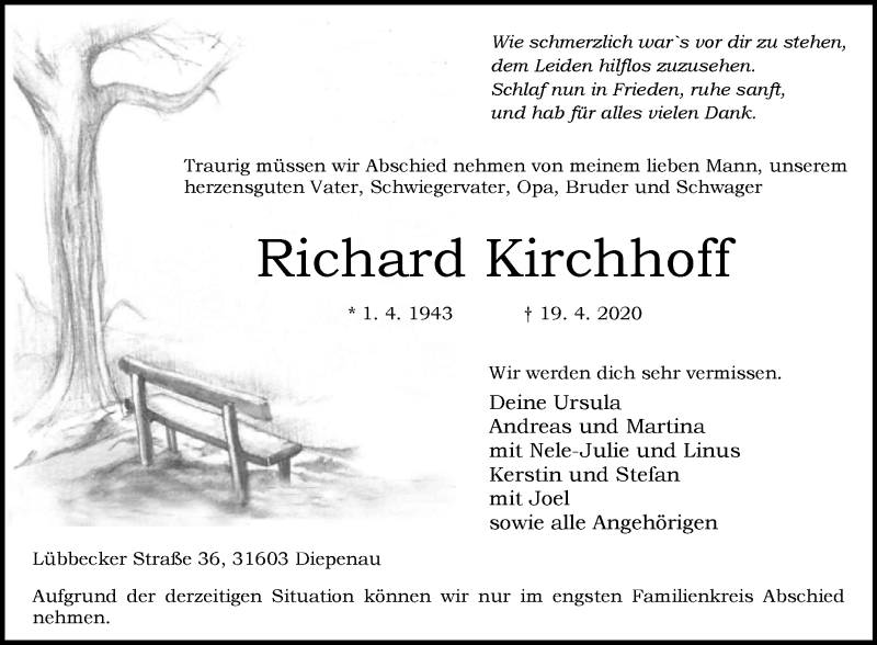  Traueranzeige für Richard Kirchhoff vom 23.04.2020 aus Westfalen-Blatt
