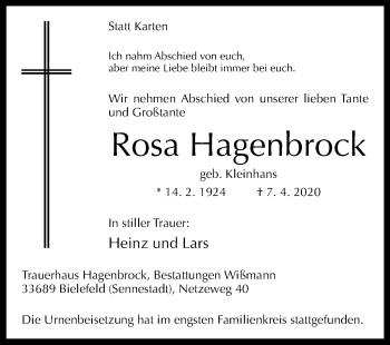 Traueranzeige von Rosa Hagenbrock von Westfalen-Blatt