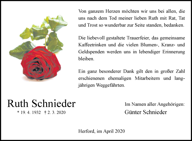  Traueranzeige für Ruth Schnieder vom 18.04.2020 aus Westfalen-Blatt