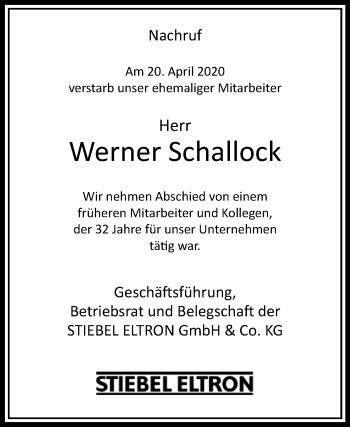 Traueranzeige von Werner Schallock von Westfalen-Blatt