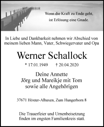 Traueranzeige von Werner Schallock von Westfalen-Blatt