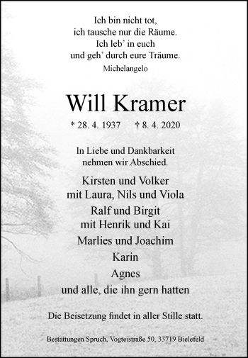 Traueranzeige von Will Kramer von Westfalen-Blatt
