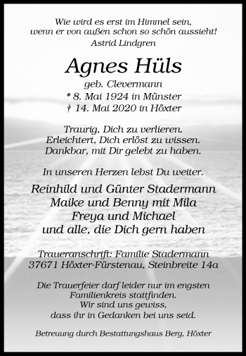 Traueranzeige von Agnes Hüls von Westfalen-Blatt