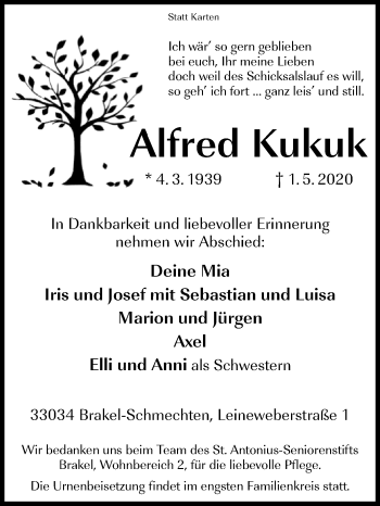 Traueranzeige von Alfred Kukuk von Westfalen-Blatt