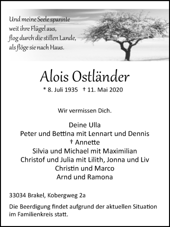 Traueranzeige von Alois Ostländer von Westfalen-Blatt