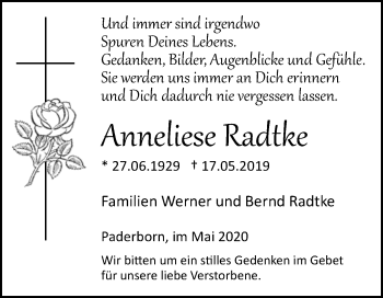 Traueranzeige von Anneliese Radtke von Westfalen-Blatt