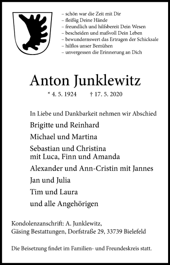 Traueranzeige von Anton Junklewitz von Westfalen-Blatt