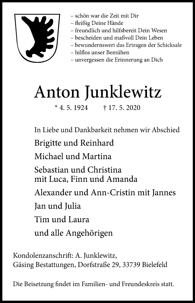  Traueranzeige für Anton Junklewitz vom 21.05.2020 aus Westfalen-Blatt