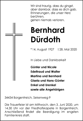 Traueranzeige von Bernhard Dürdoth von Westfalen-Blatt