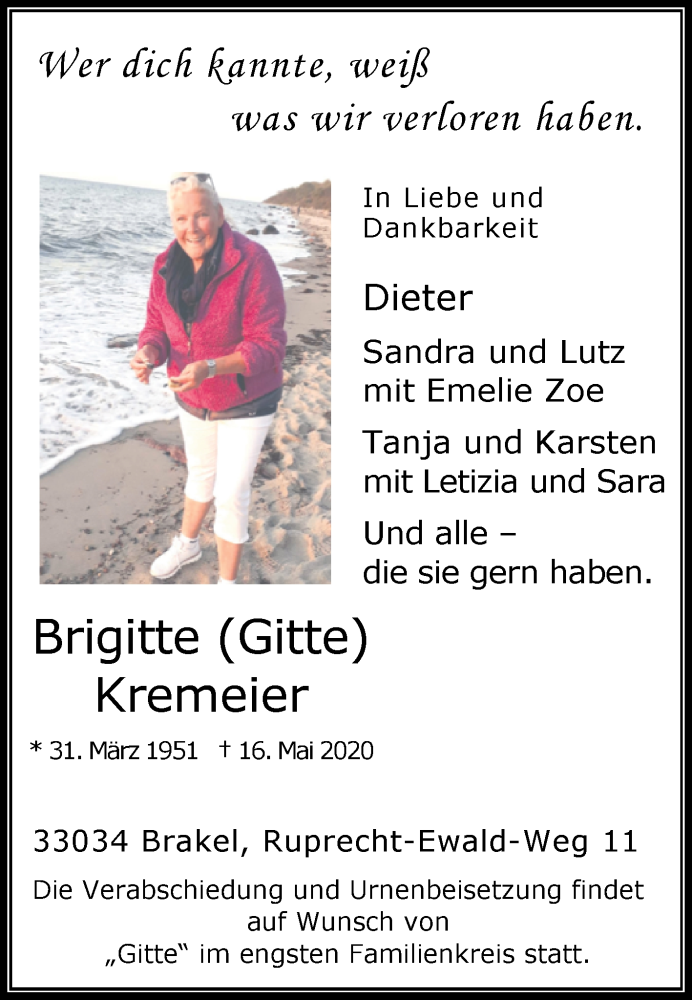  Traueranzeige für Brigitte Kremeier vom 21.05.2020 aus Westfalen-Blatt