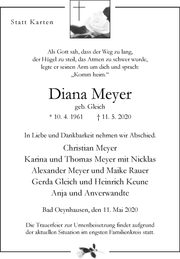 Traueranzeige von Diana Meyer von Westfalen-Blatt