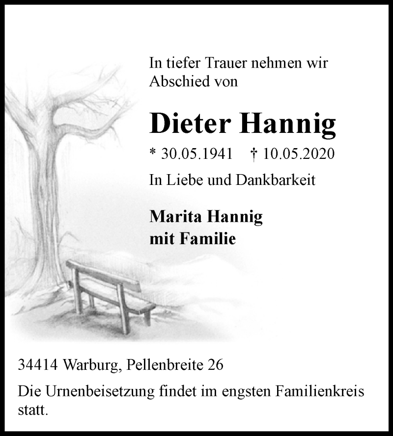  Traueranzeige für Dieter Hannig vom 13.05.2020 aus Westfalen-Blatt