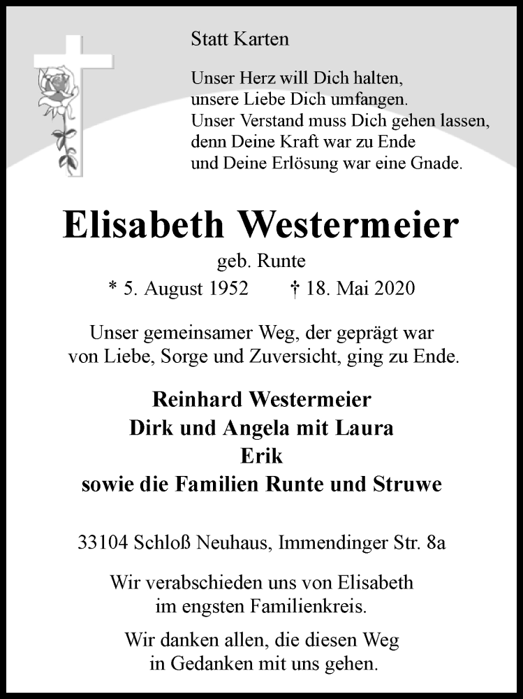  Traueranzeige für Elisabeth Westermeier vom 23.05.2020 aus Westfalen-Blatt