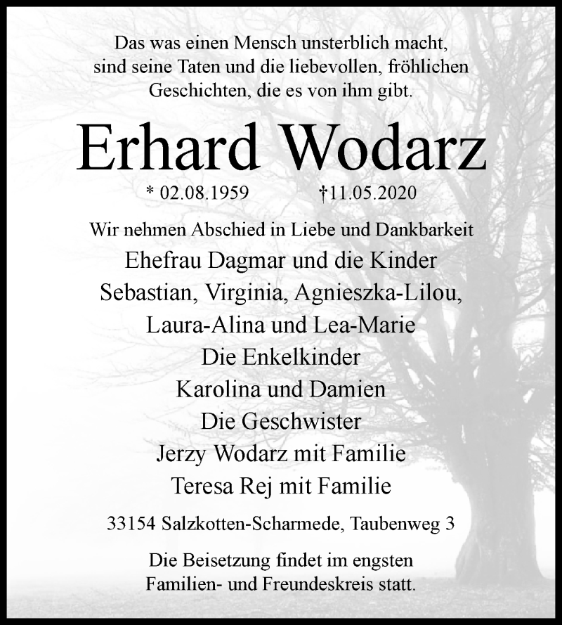  Traueranzeige für Erhard Wodarz vom 16.05.2020 aus Westfalen-Blatt