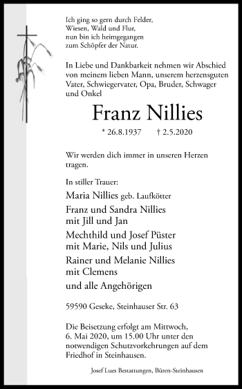 Traueranzeige von Franz Nillies von Westfalen-Blatt