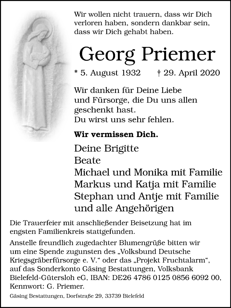  Traueranzeige für Georg Priemer vom 09.05.2020 aus Westfalen-Blatt