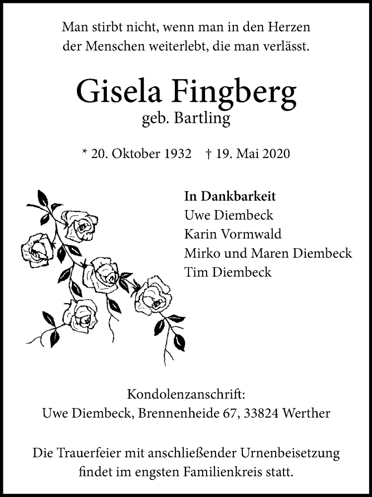  Traueranzeige für Gisela Fingberg vom 23.05.2020 aus Westfalen-Blatt