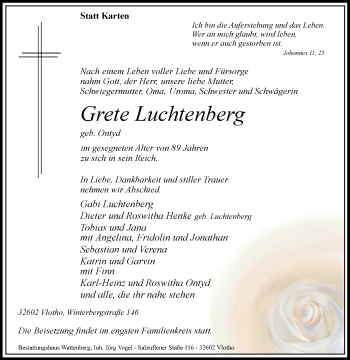 Traueranzeige von Grete Luchtenberg von Westfalen-Blatt