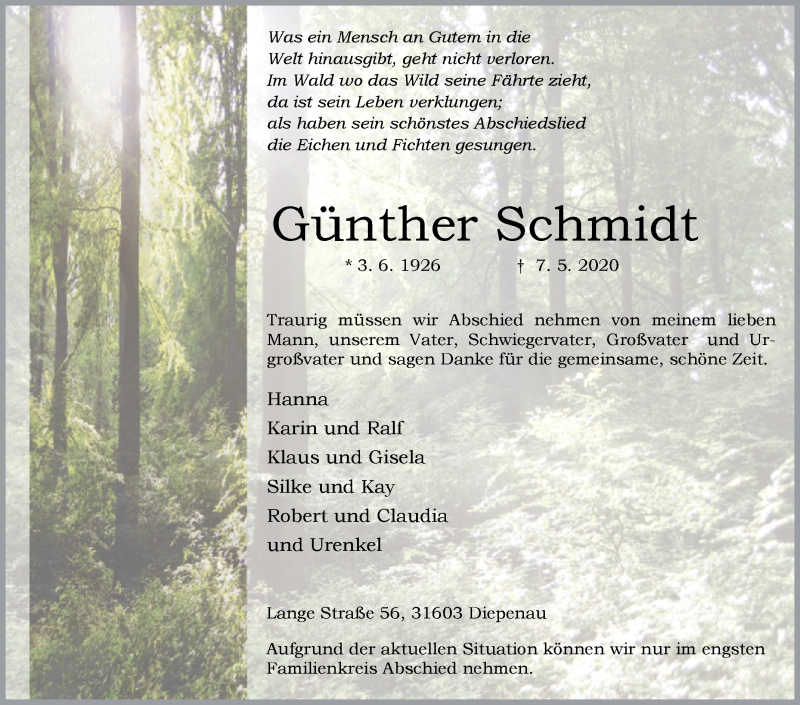  Traueranzeige für Günther Schmidt vom 09.05.2020 aus Westfalen-Blatt