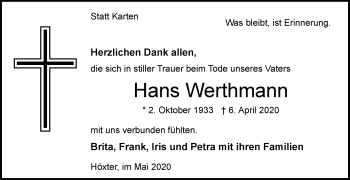 Traueranzeige von Hans Werthmann von Westfalen-Blatt