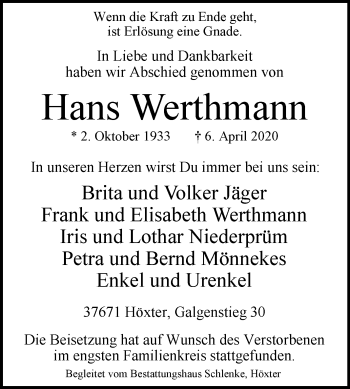Traueranzeige von Hans Werthmann von Westfalen-Blatt