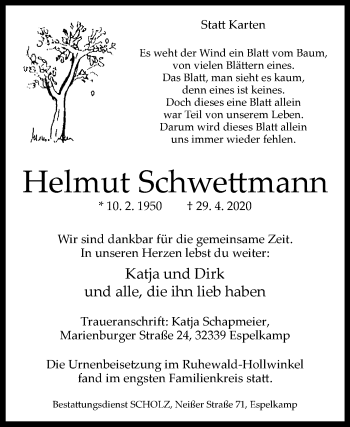 Traueranzeige von Helmut Schwettmann von Westfalen-Blatt