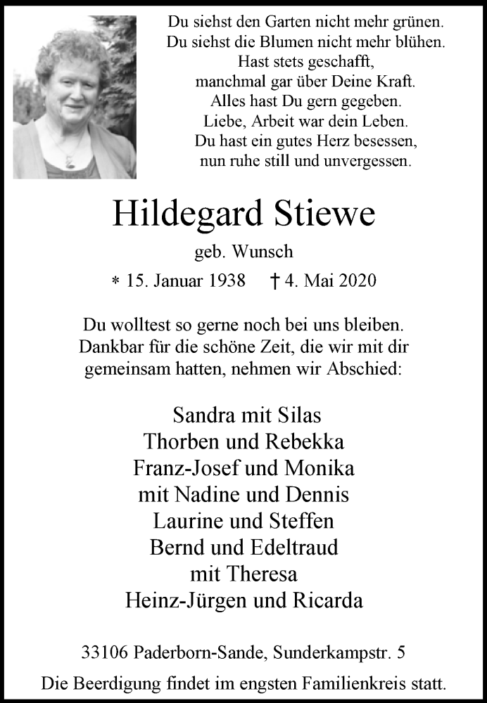  Traueranzeige für Hildegard Stiewe vom 09.05.2020 aus Westfalen-Blatt