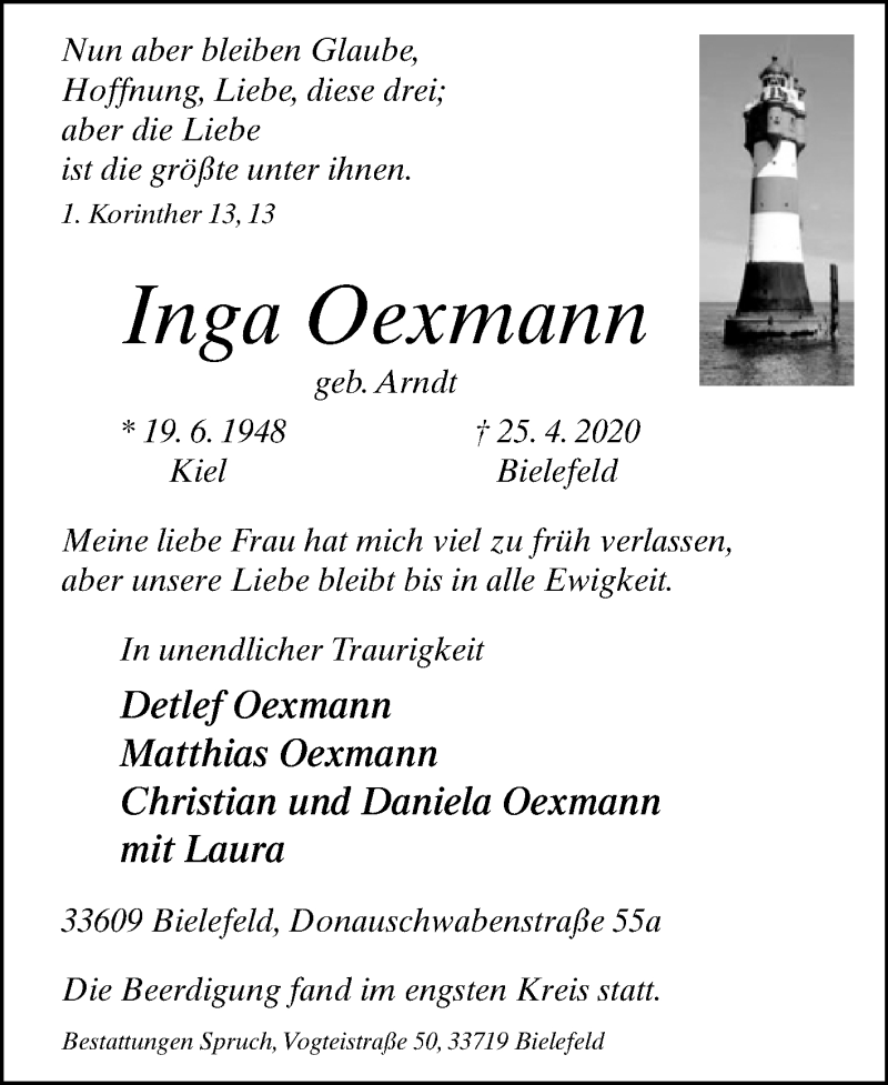  Traueranzeige für Inga Oexmann vom 09.05.2020 aus Westfalen-Blatt