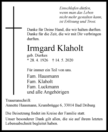 Traueranzeige von Irmgard Klaholt von Westfalen-Blatt