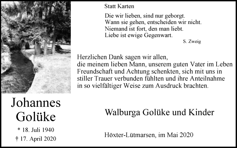  Traueranzeige für Johannes Golüke vom 16.05.2020 aus Westfalen-Blatt