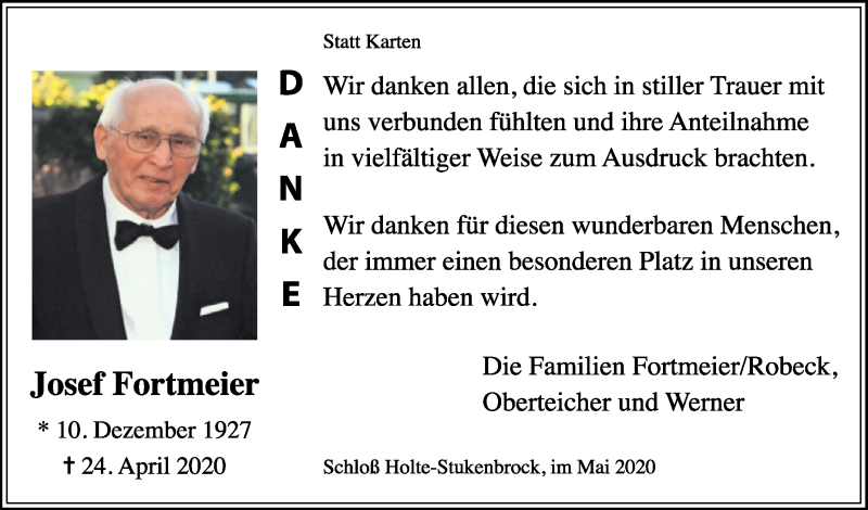  Traueranzeige für Josef Fortmeier vom 30.05.2020 aus Westfalen-Blatt