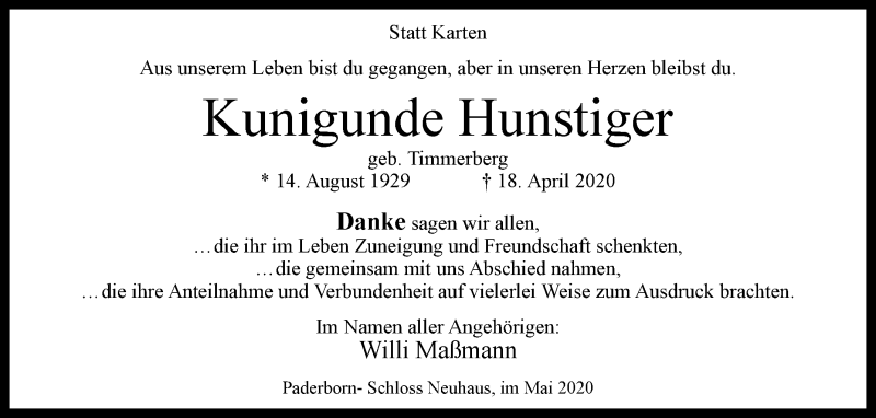  Traueranzeige für Kunigunde Hunstiger vom 27.05.2020 aus Westfalen-Blatt