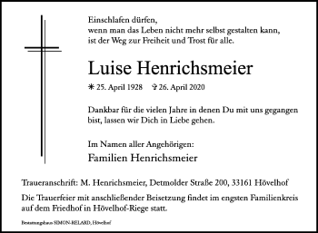 Traueranzeige von Luise Henrichsmeier von Westfalen-Blatt